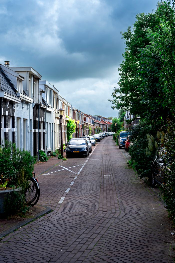 Peaceful Amsterdam street with classic Dutch houses and parked cars under cloudy skies.
